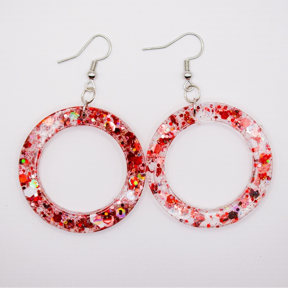 Red and White Glitter 1.5” Resin Hoop Earrings with silver Hardware